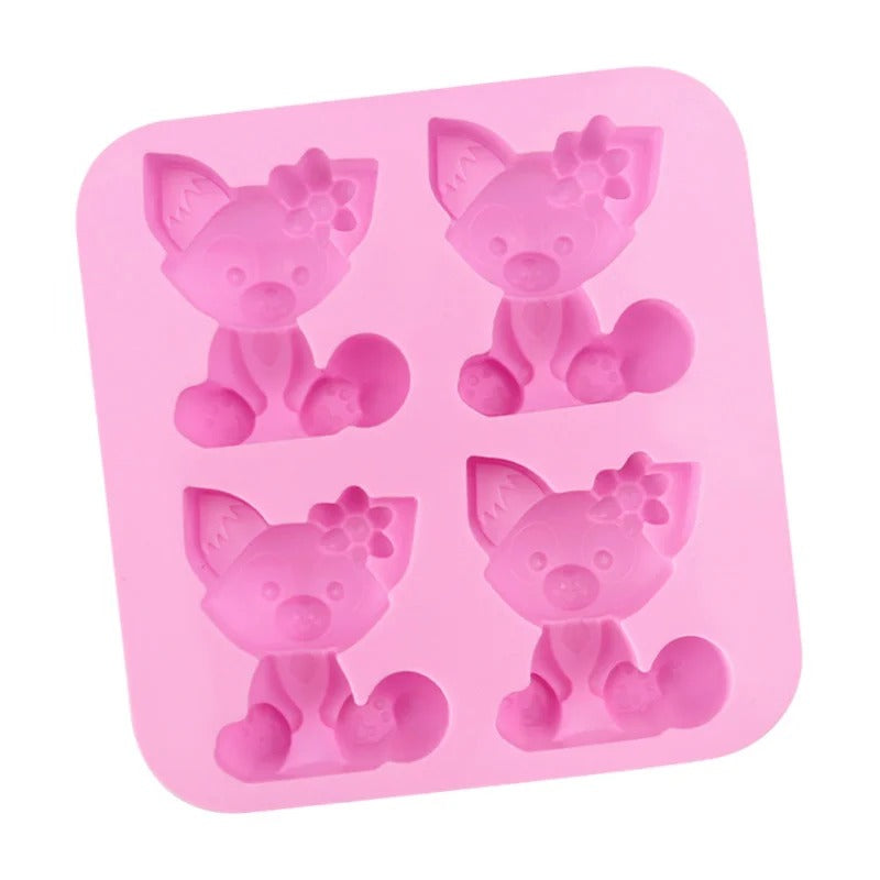 Pink 4-cavity cute cat silicone mould top view showing detailed sitting cat design
