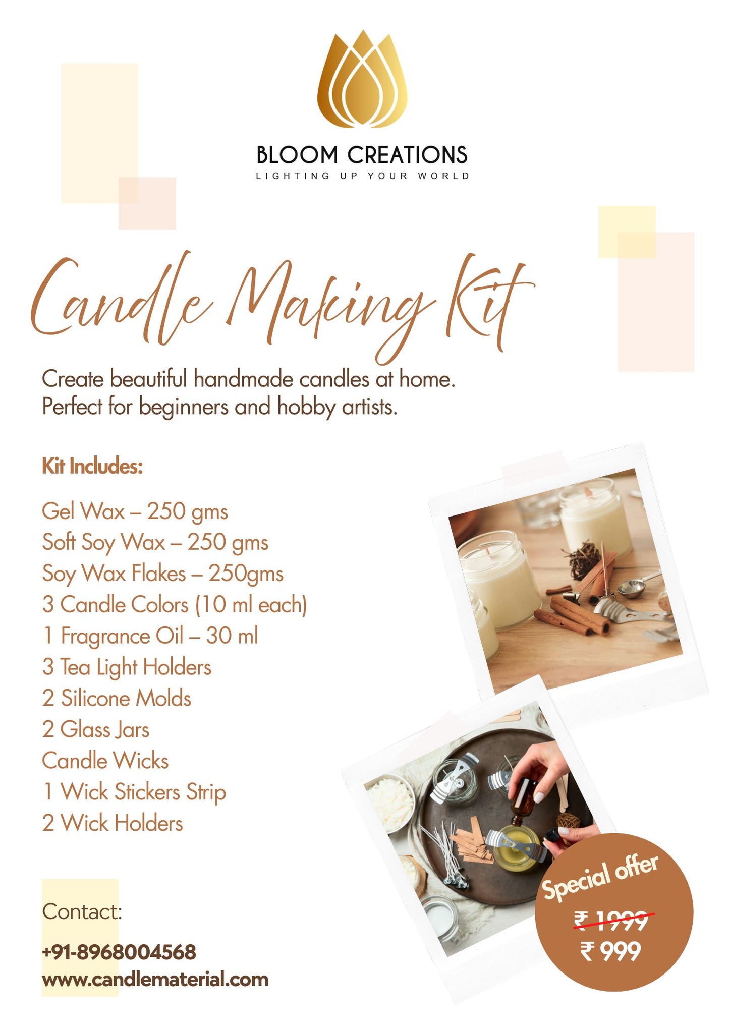 Bloom Creations Candle Making Kit for Beginners with Soy Wax, Gel Wax & Fragrance Oil. Complete DIY Craft Set for Adults with Jars, Molds, and Colors.