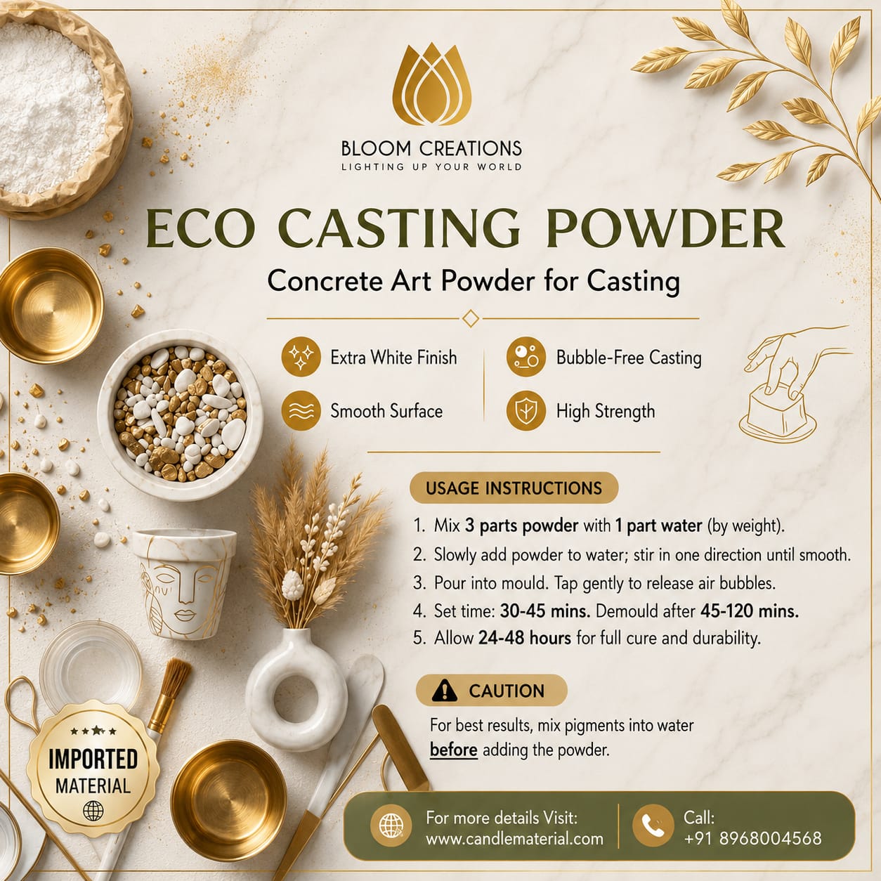 Eco Casting Powder – Concrete Art Powder for Casting | Extra White, Bubble-Free
