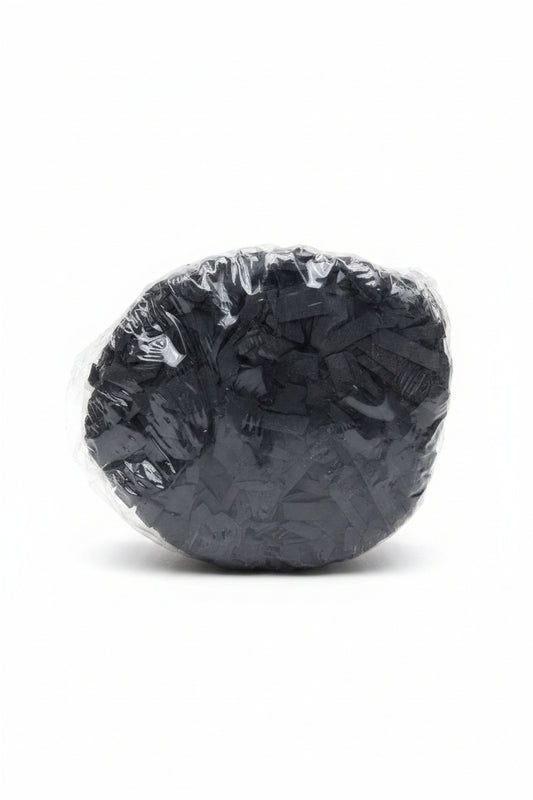 Black shredded paper gift box filler in a clear bag