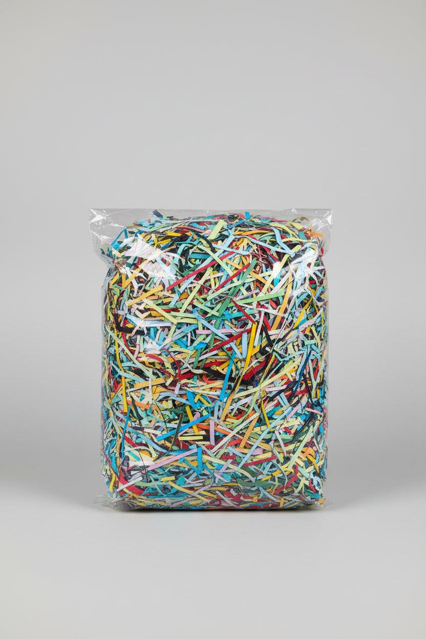Colourful shredded paper gift box filler in a clear bag