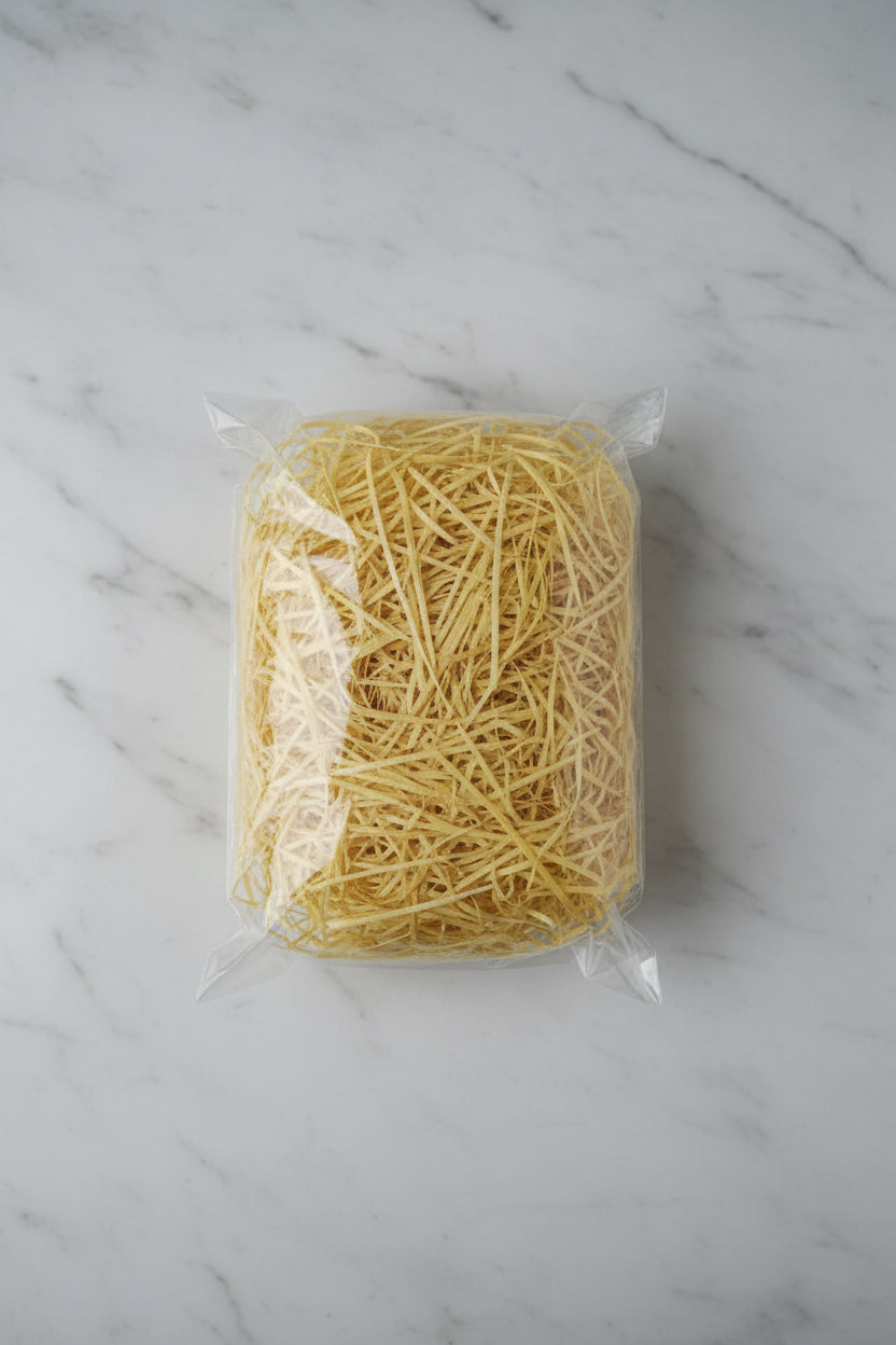 Yellow straw shredded wooden gift box filler in a clear bag
