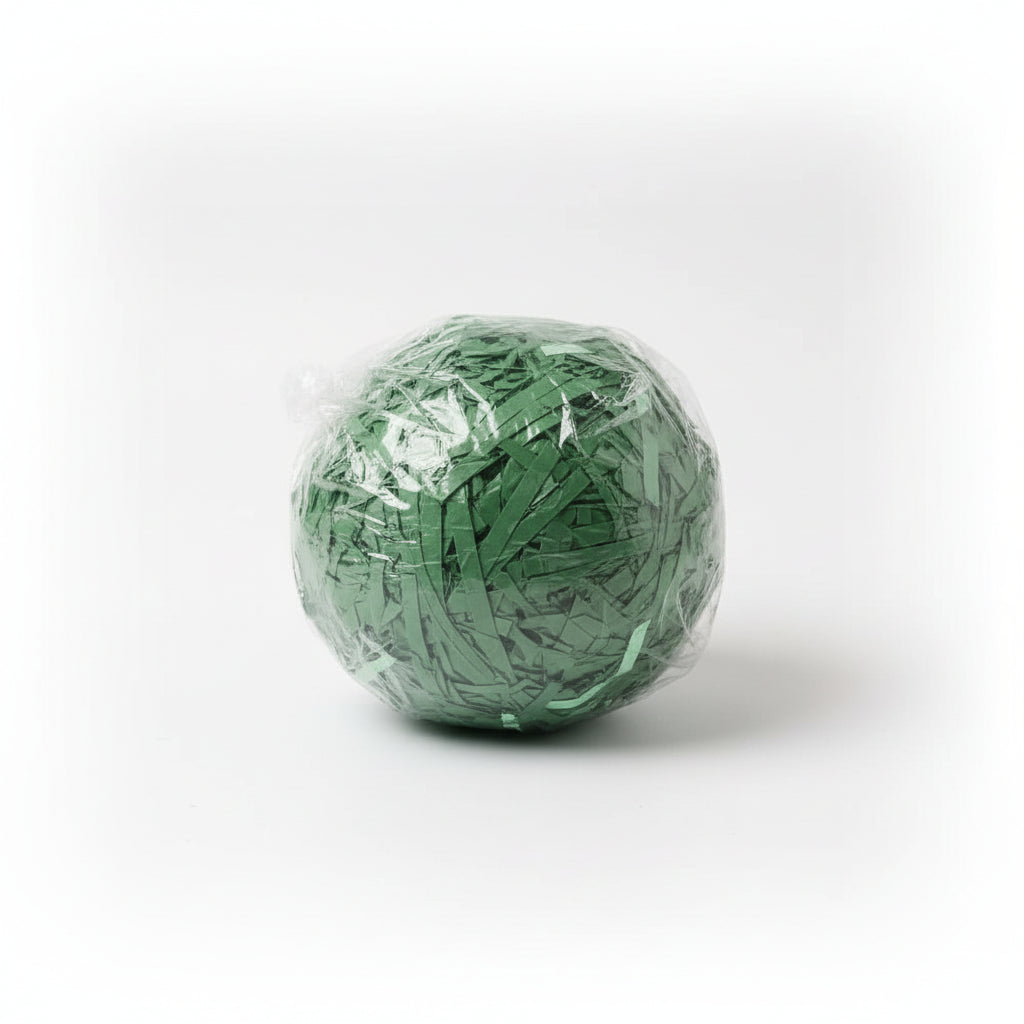 Green shredded paper gift box filler in a clear bag
