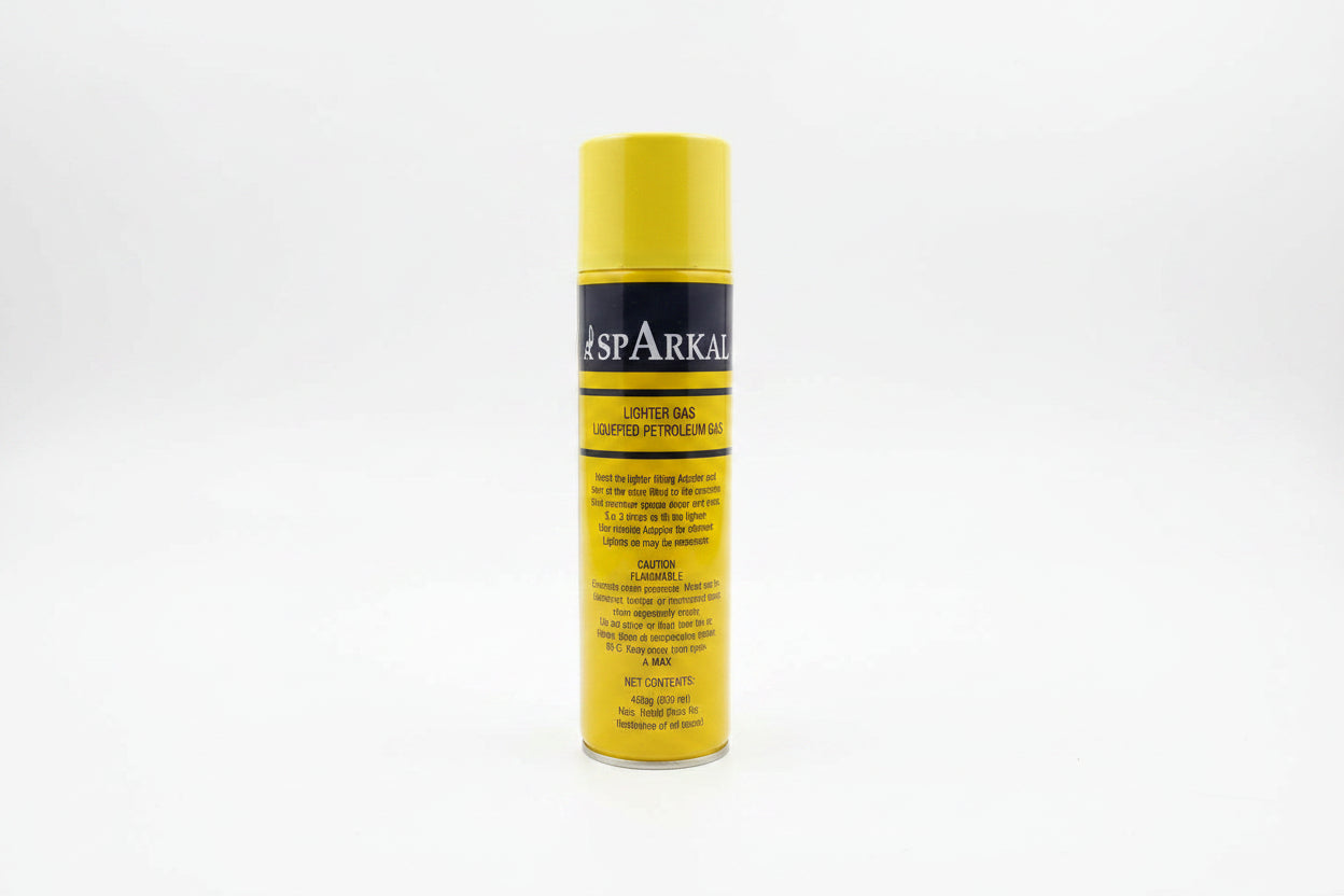 Sparkal lighter gas canister back label showing liquefied petroleum gas, 60g/300ml net contents and safety caution instructions