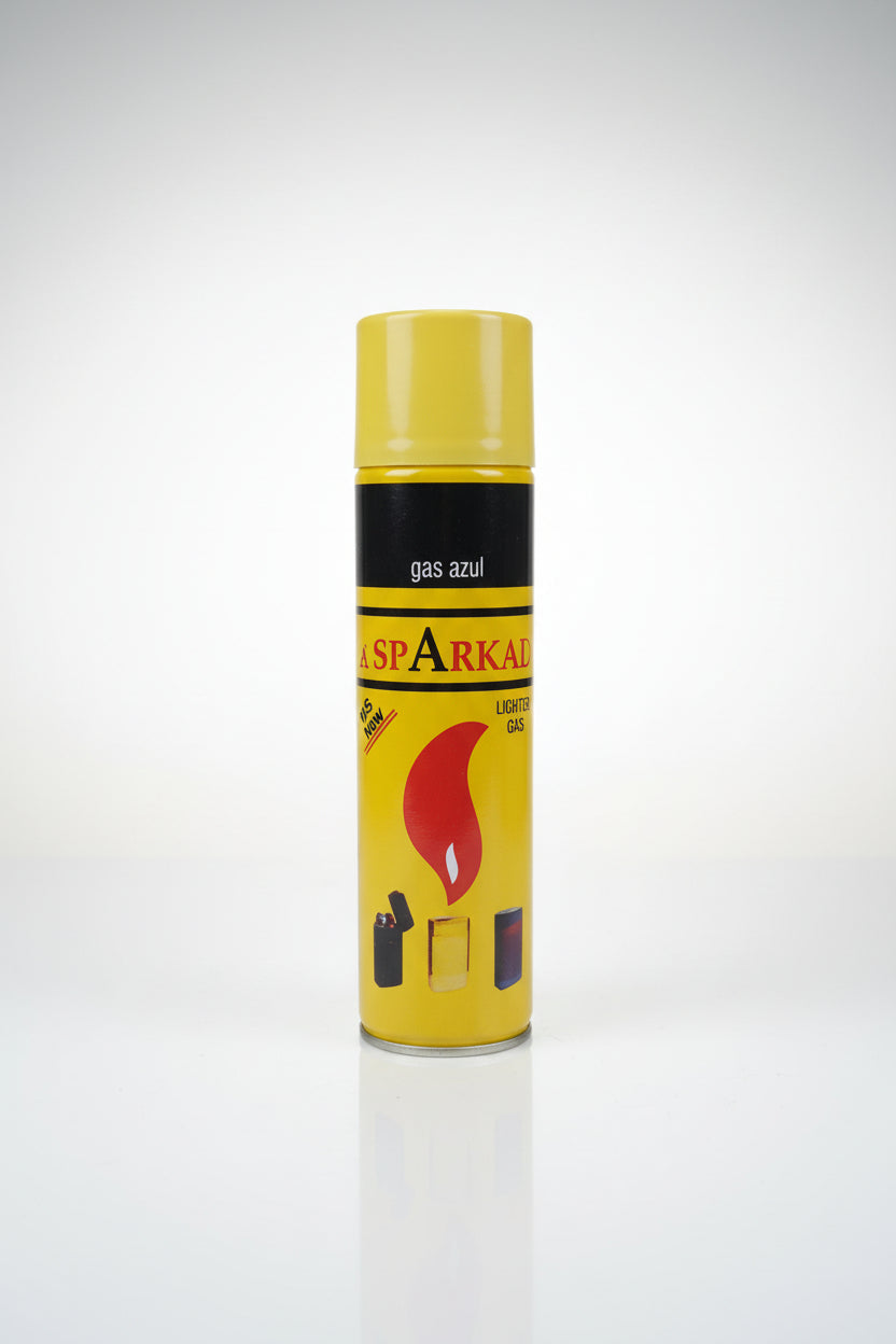 Sparkal lighter gas LPG refill canister 60g front view showing Gas Azul label and flame graphic