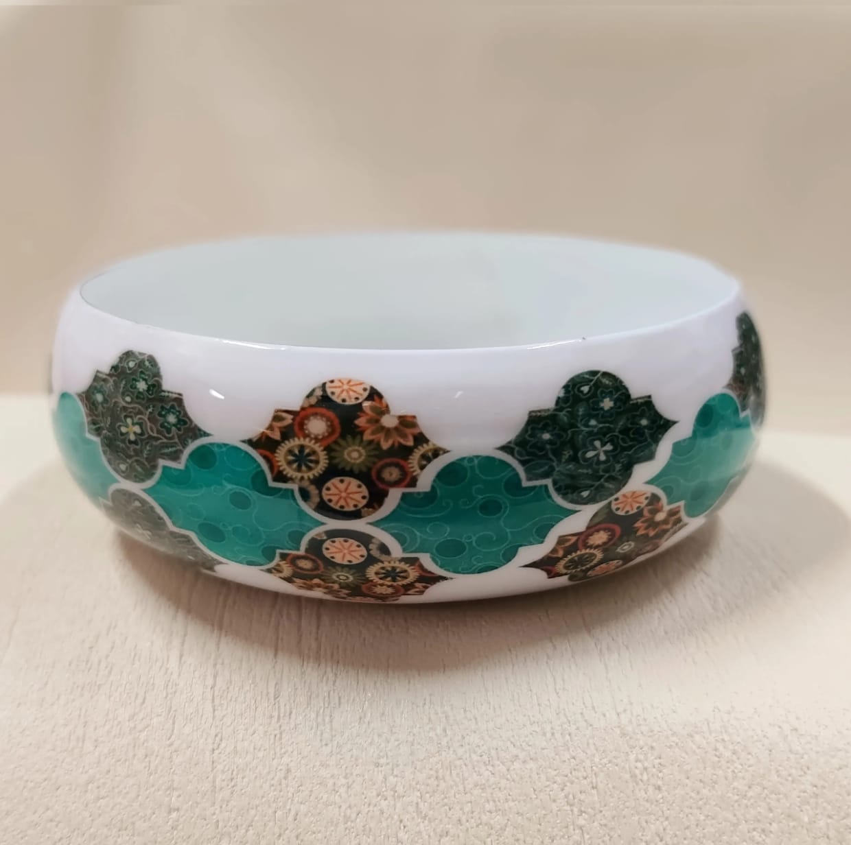 White metal teal Moroccan quatrefoil tile print round candle bowl, 4 inch