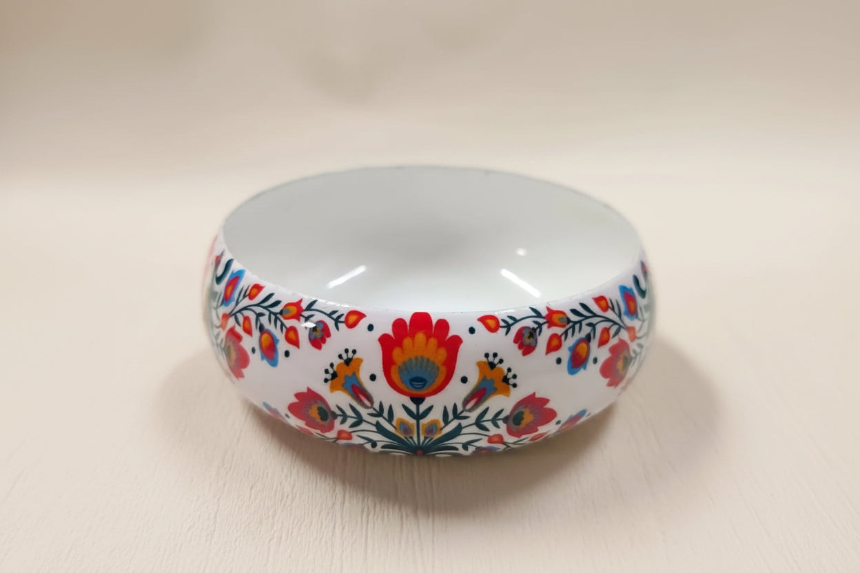 White metal folk art floral print round candle bowl, 4 inch