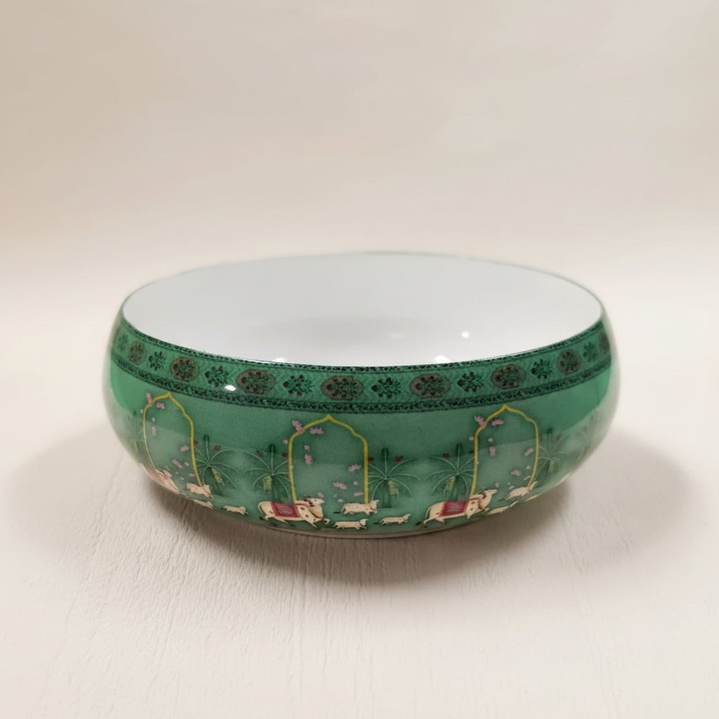 Emerald green metal Mughal garden print round candle bowl, 4 inch