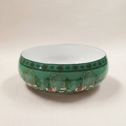 Emerald green metal Mughal garden print round candle bowl, 4 inch