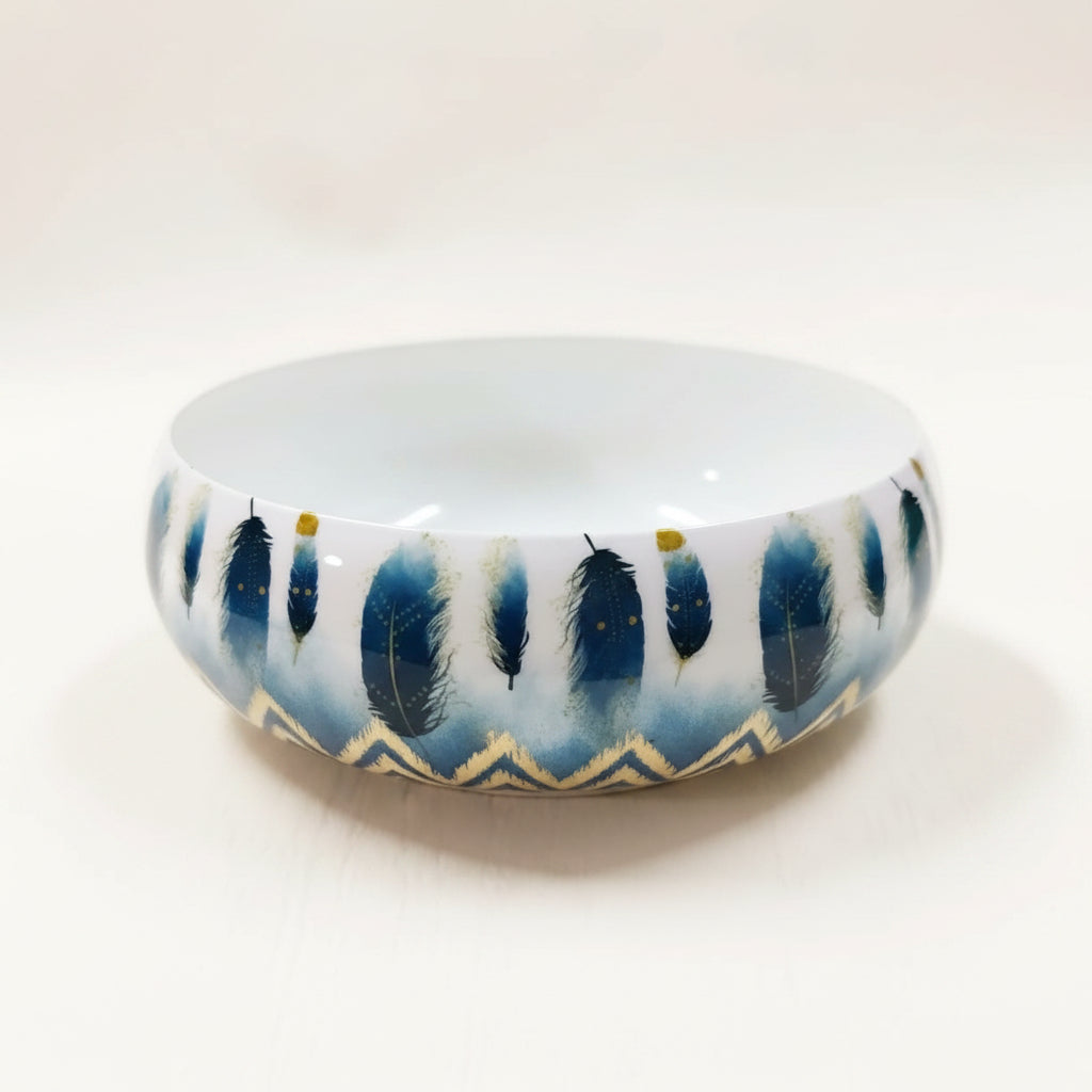 White metal blue feather and gold chevron print round candle bowl, 4 inch
