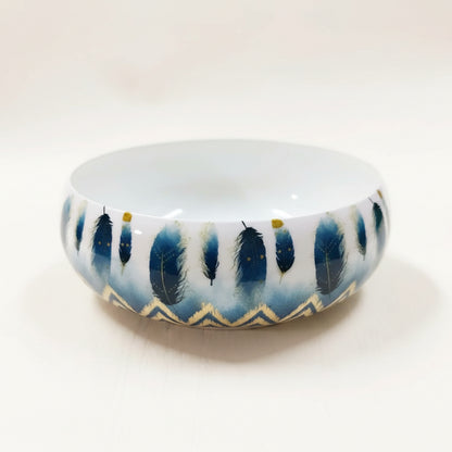 White metal blue feather and gold chevron print round candle bowl, 4 inch