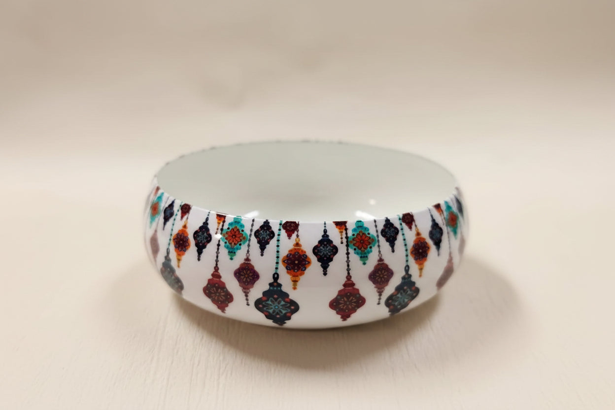White metal Moroccan lantern print round candle bowl, 4 inch