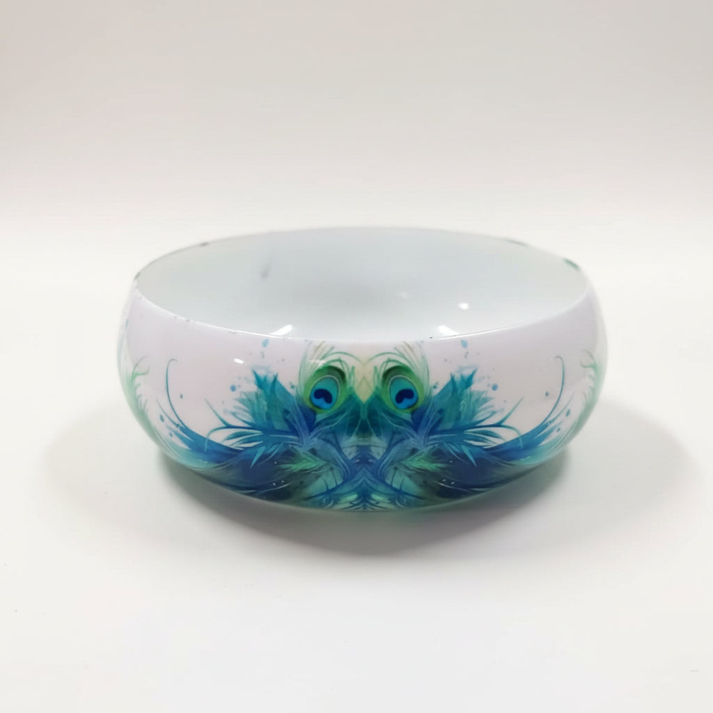 White metal peacock feather print round candle bowl, 4 inch