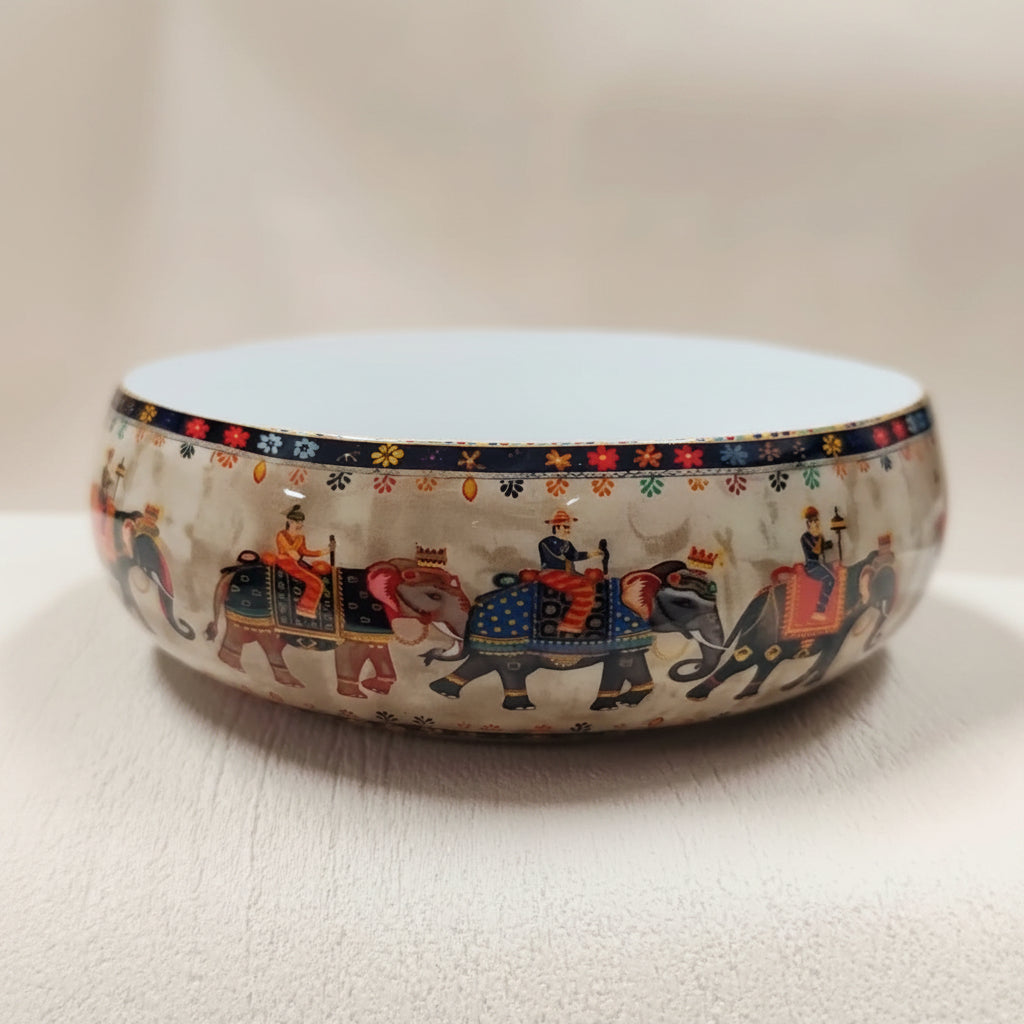 Royal elephant procession metal candle bowl, 4 inch