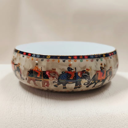 Royal elephant procession metal candle bowl, 4 inch