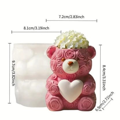 Rose Teddy Bear Silicone Mold | 8cm Heart Flower Bear Wax Planter for Candles Succulents