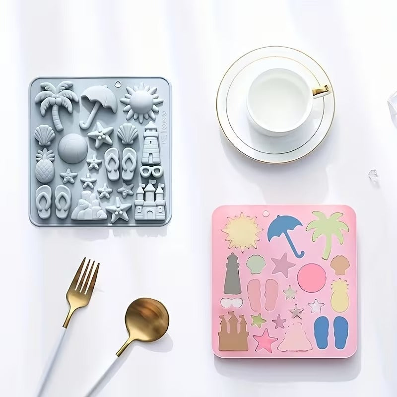 Grey and pink beach silicone moulds side by side with teacup and cutlery for scale
