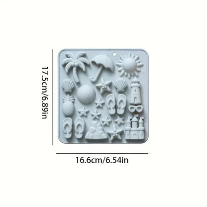 Grey beach silicone mould with dimensions: 17.5cm x 16.6cm showing all 24 beach cavities