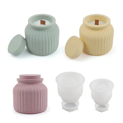 Ribbed Candle Jar Silicone Mould with Lid Set — 3D Striped Concrete Pot (Small ₹229, Large ₹349)