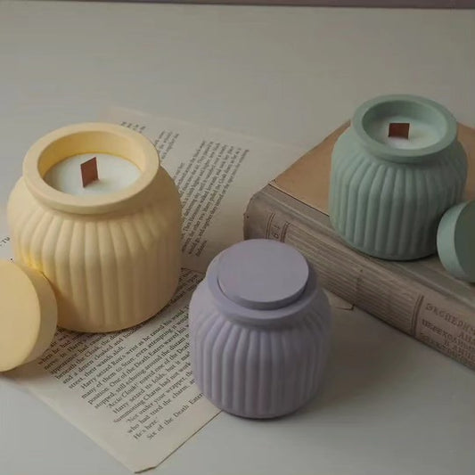 Ribbed Candle Jar Silicone Mold with Lid Set — 3D Striped Concrete Pot | Bloom Creations India