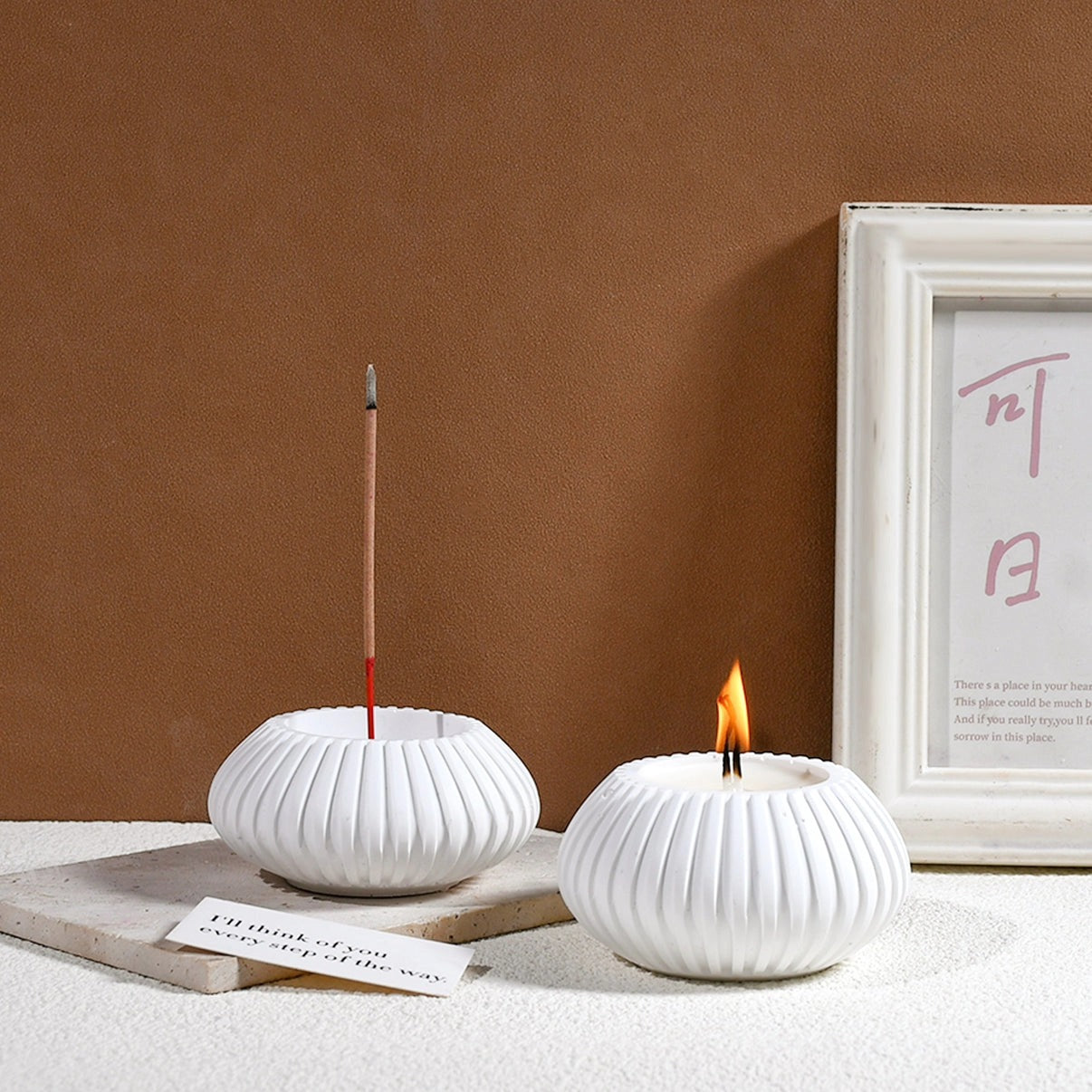 Bloom Creations white ceramic incense holder and candle stand set — modern minimalist decor