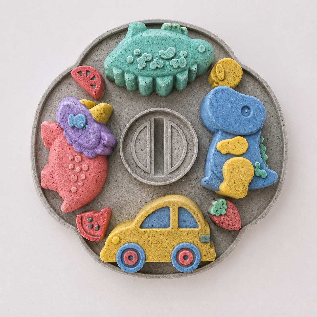 Dinosaur & Car Silicone Candle Mould – 4-Cavity Round