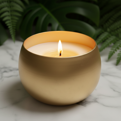 Gold Candle Vessel with Lit Candle