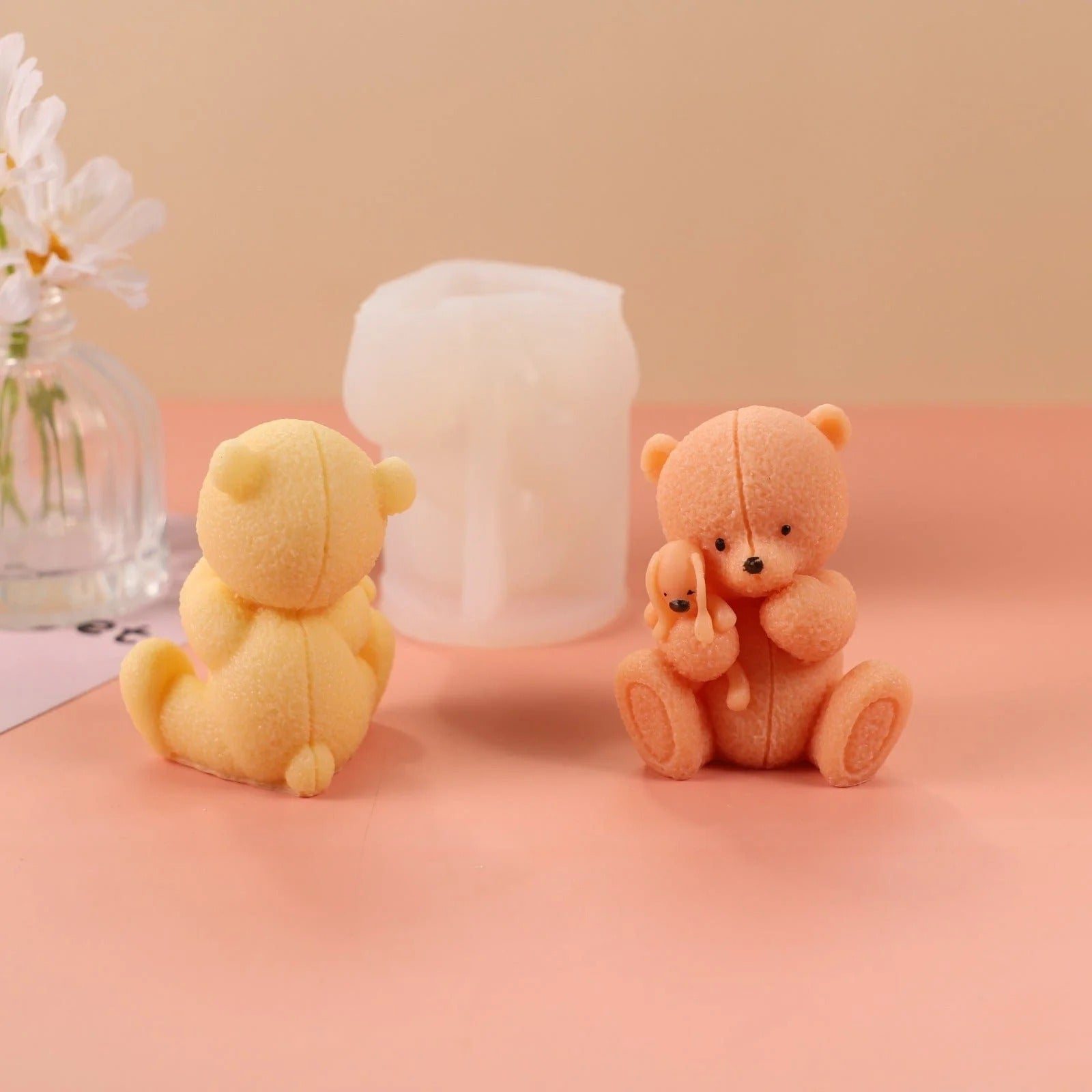 3D Teddy Bear Hugging Bunny Silicone Candle Mould with dimensions