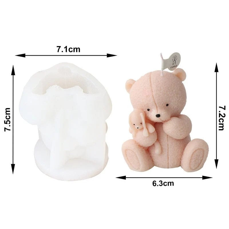 3D Teddy Bear Hugging Bunny Silicone Candle Mould with candle outputs in yellow and peach