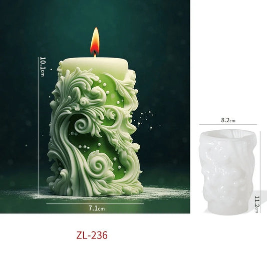 Baroque acanthus scroll pillar silicone candle mould ZL-236 – spec image showing finished green pillar candle (7.1×10.1cm) and white silicone mould (8.2×11.2cm) with ornate carved scrollwork detail