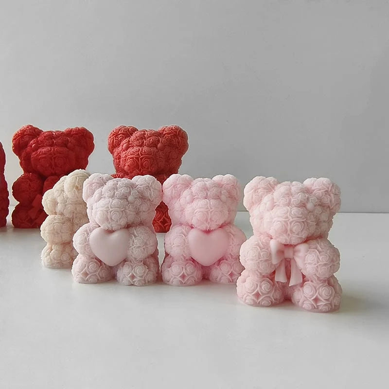 3D Rose Teddy Bear Silicone Candle Mould Small – multiple colour candles showing bow and heart designs
