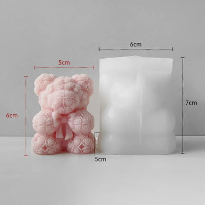 3D Rose Teddy Bear Silicone Candle Mould Small – mould and finished candle with dimensions 6x5x7cm