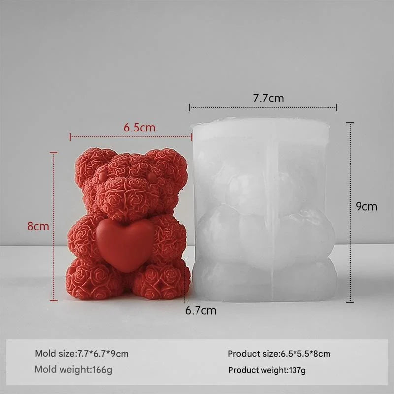 3D Rose Teddy Bear with Heart Silicone Candle Mould Medium – mould size 7.7x6.7x9cm, product size 6.5x5.5x8cm