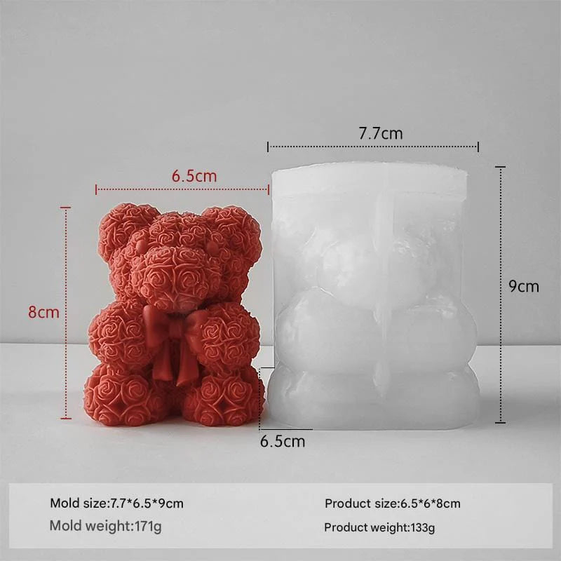 3D Rose Teddy Bear Silicone Candle Mould Medium – showing mould and finished candle with dimensions