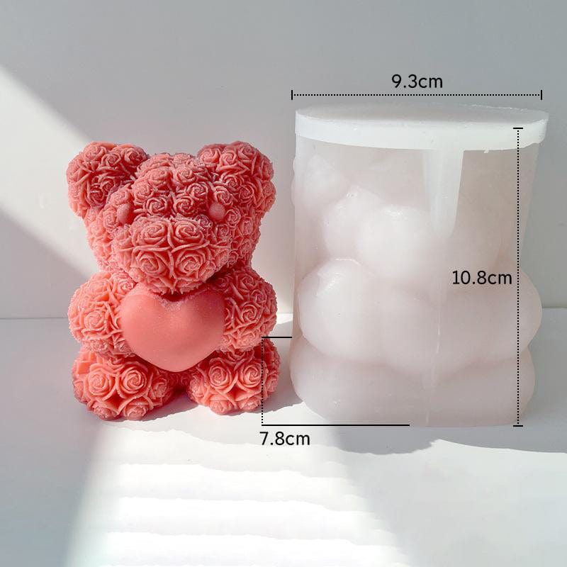 3D Rose Teddy Bear with Heart Silicone Candle Mould Large – showing mould and finished candle with dimensions 9.3x7.8x10.8cm