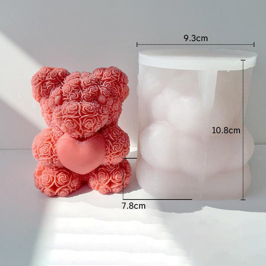 3D Rose Teddy Bear with Heart Silicone Candle Mould Large – showing mould and finished candle with dimensions 9.3x7.8x10.8cm