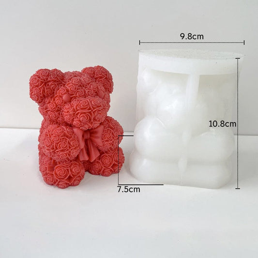 3D Rose Teddy Bear Silicone Candle Mould Large – showing mould and finished candle with dimensions 9.8x7.5x10.8cm