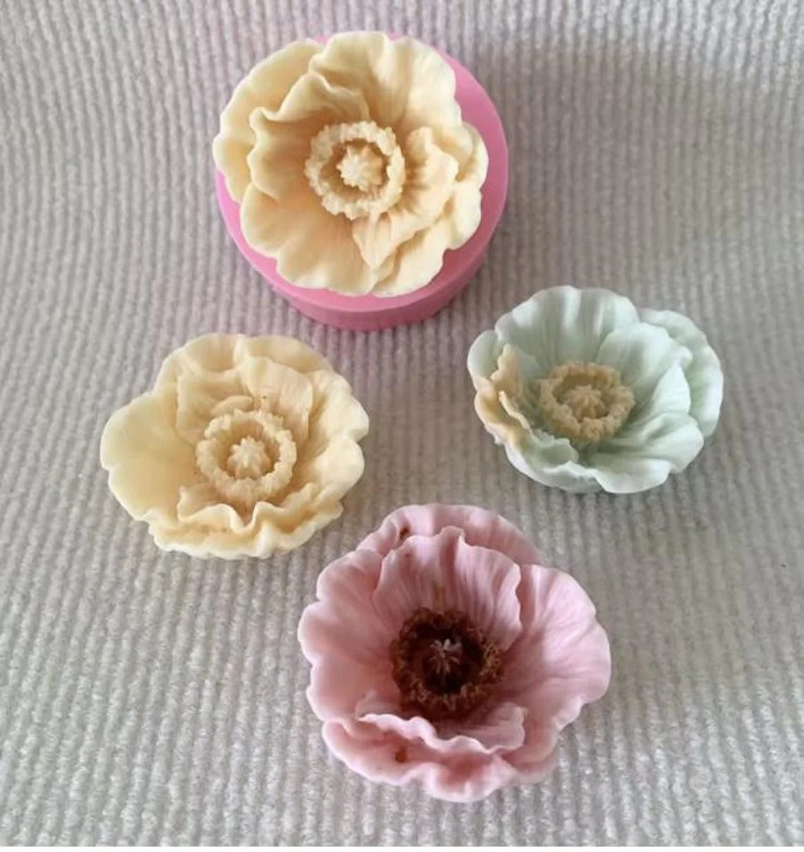 3D Peony Flower Silicone Candle Mould – pink mould with cream, mint and pink finished candles