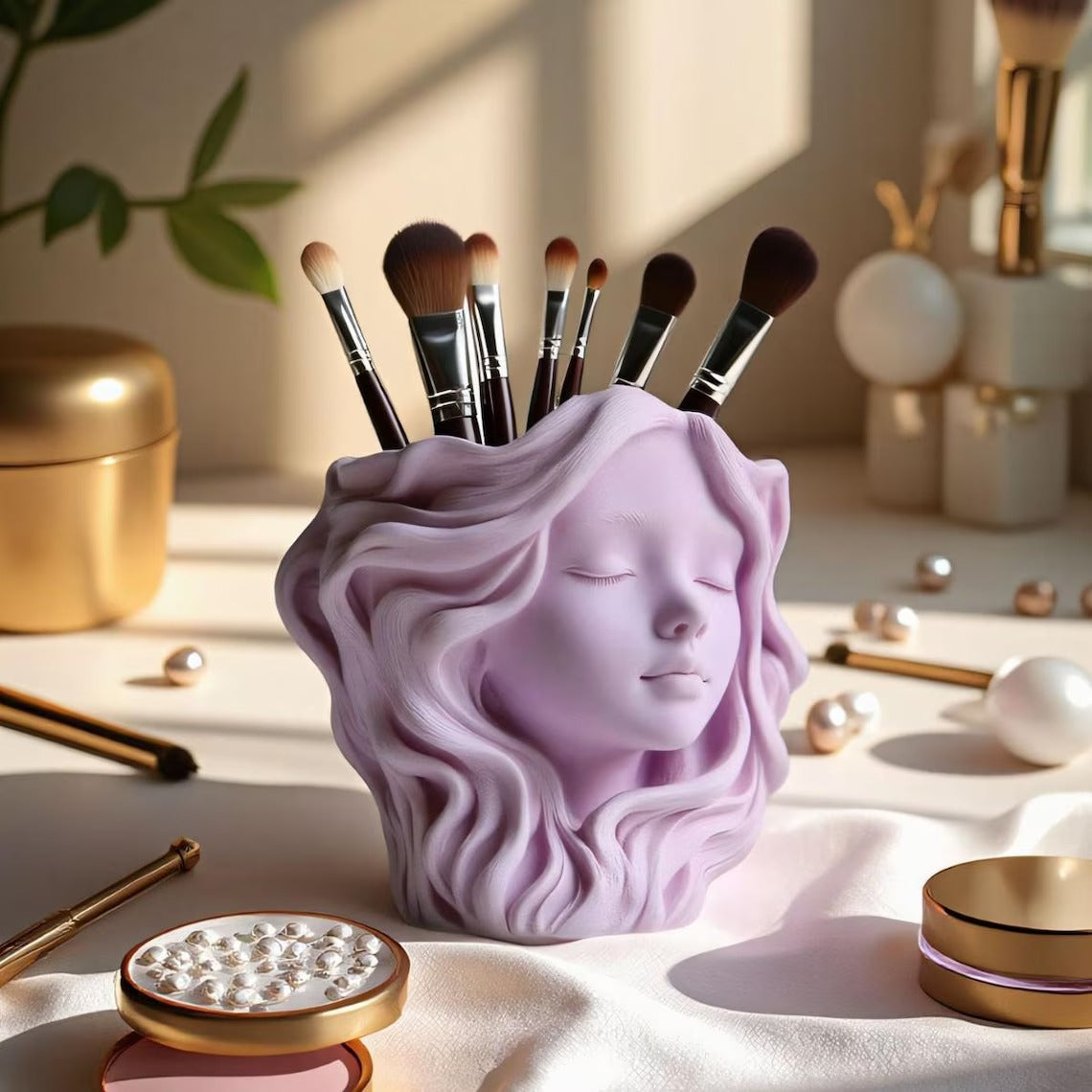 Woman face silicone mold 9cm — flowing hair candle wax planter and brush organizer