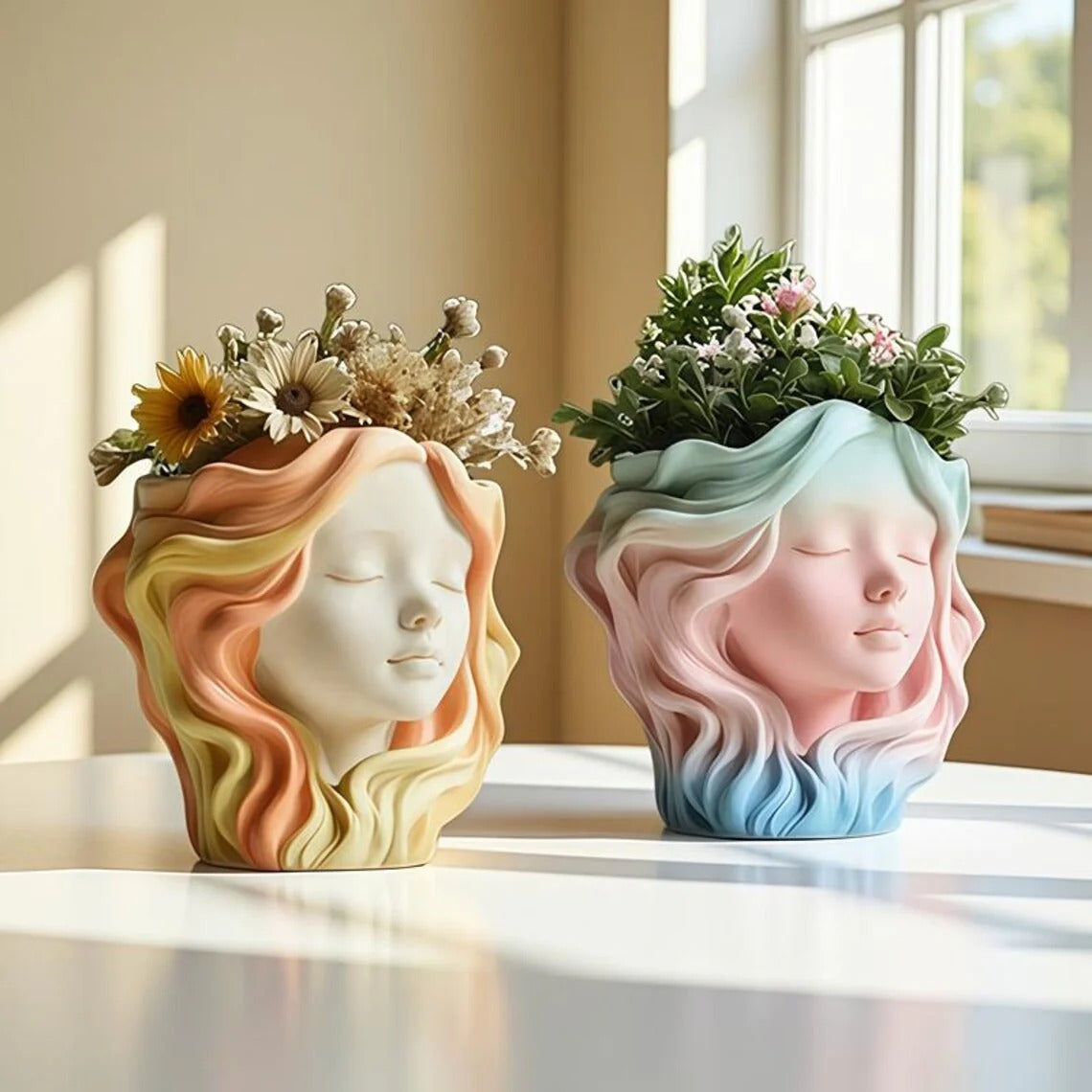 Woman Face Silicone Mold | 9cm Flowing Hair Candle Wax Planter Brush Organizer