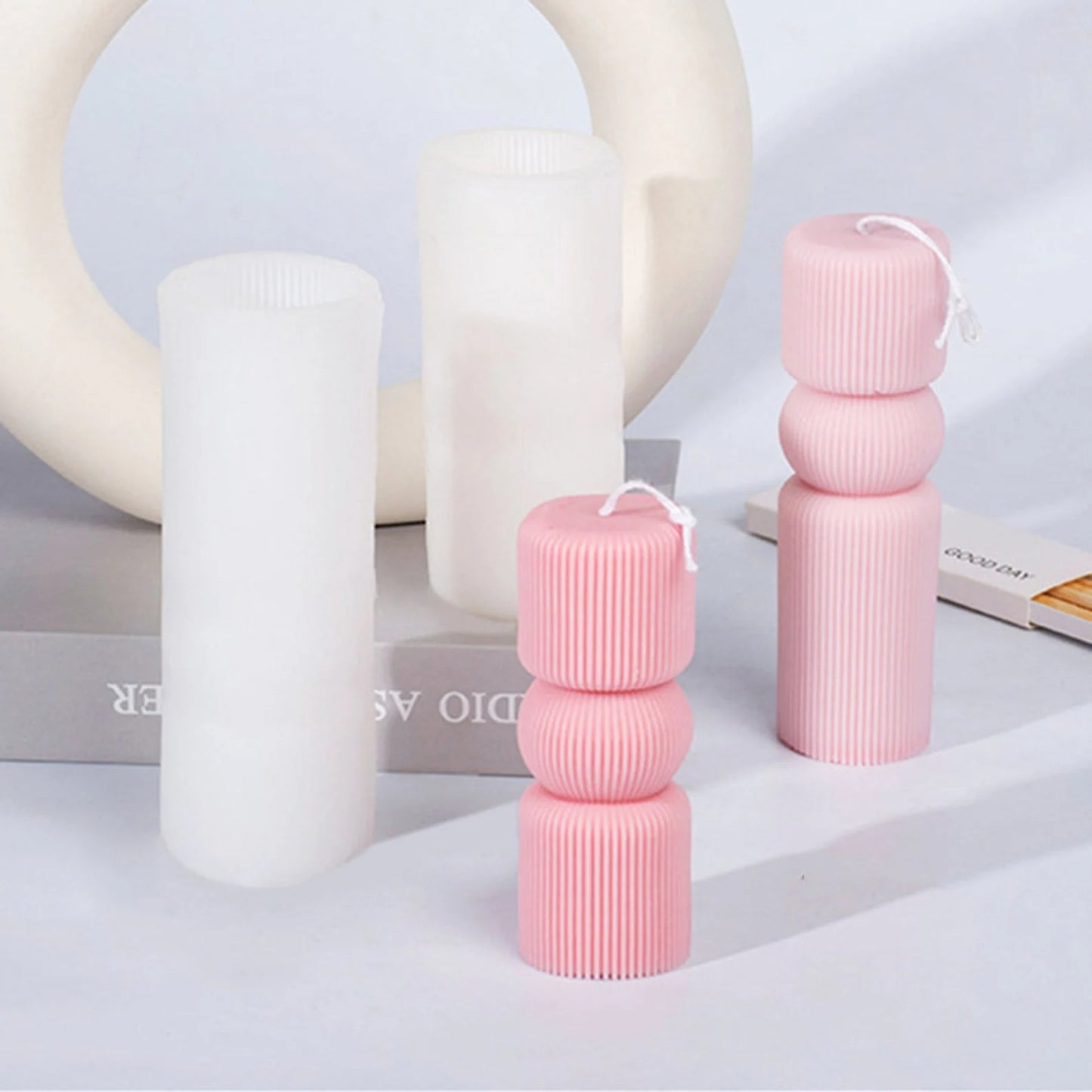Ribbed Roman pillar silicone candle mold — sculpted aesthetic wedding candle mould