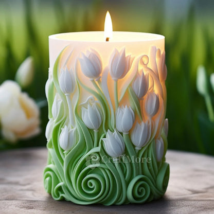 Sunflower pillar embossed tulips silicone candle mold for floral cylindrical candles