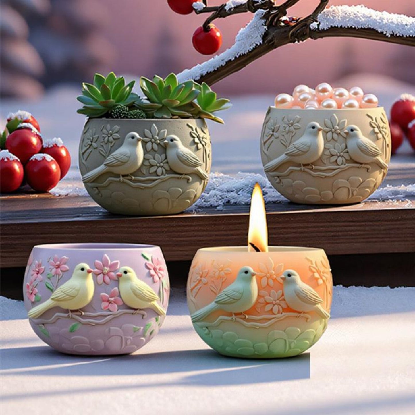 Lovebirds Silicone Mold | 9cm Pair Birds Candle Wax Planter Brush Holder
