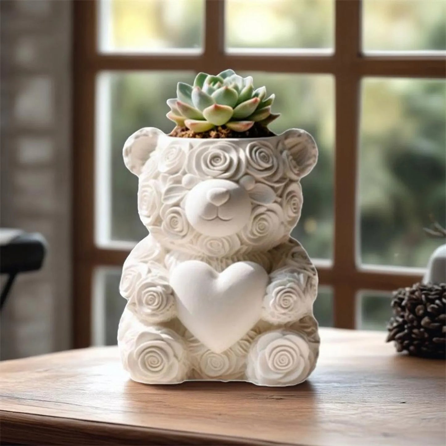 Rose Teddy Bear Silicone Mold | 8cm Heart Flower Bear Wax Planter for Candles Succulents