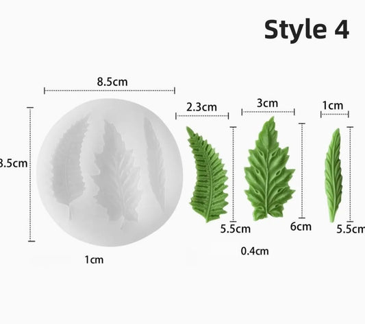 Style 4 leaf mould set showing three leaf designs and size measurements