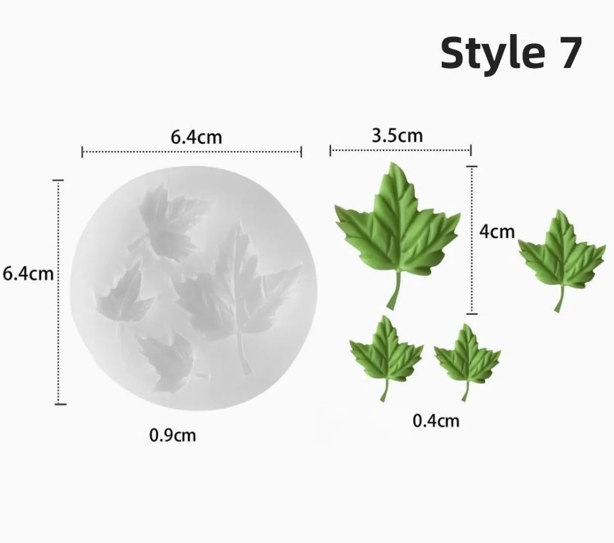 Style 7 Maple Leaf Silicone Mould – 4 cavity, 6.4×6.4cm, showing 1 large (3.5×4cm) and 3 smaller maple leaf shapes with fine vein detail