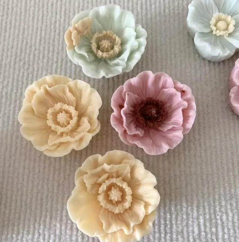 3D Peony Flower Silicone Candle Mould – finished candles in cream, mint, pink and white colours