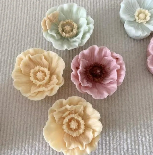 3D Peony Flower Silicone Candle Mould – finished candles in cream, mint, pink and white colours