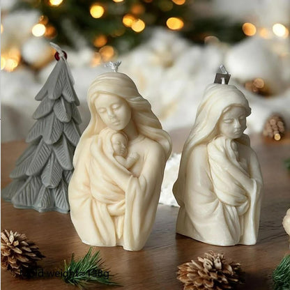 Front and side views of mother-and-baby sample candles in a Christmas display; finished candles not included