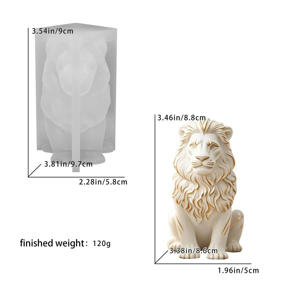 Lion mould size chart showing mould height 9 cm and finished casting height 8.8 cm with sample casting weight 120 g